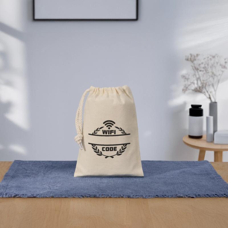 Code wifi dans une couronne de laurier avec barre de texte vierge Sac cadeau en coton avec cordon (14 x 20 cm)