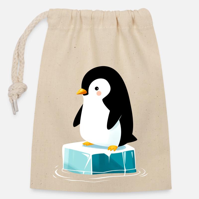 Kleiner Pinguin auf Eisblock - Verschließbarer Geschenkbeutel aus Baumwolle (14x20cm) - Natur