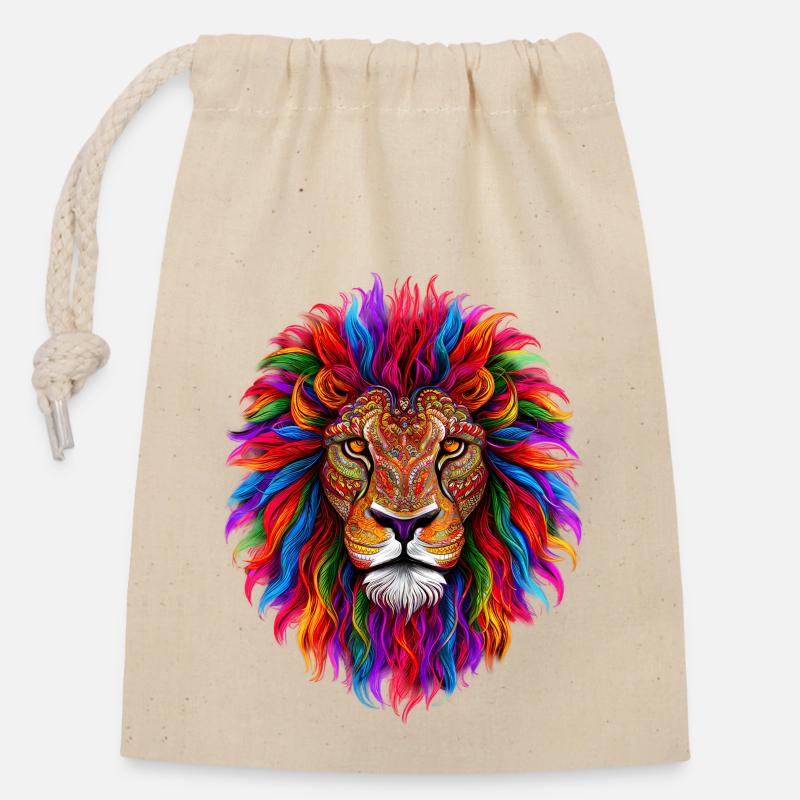 Lion psychédélique - Sac cadeau en coton avec cordon (14 x 20 cm) - nature