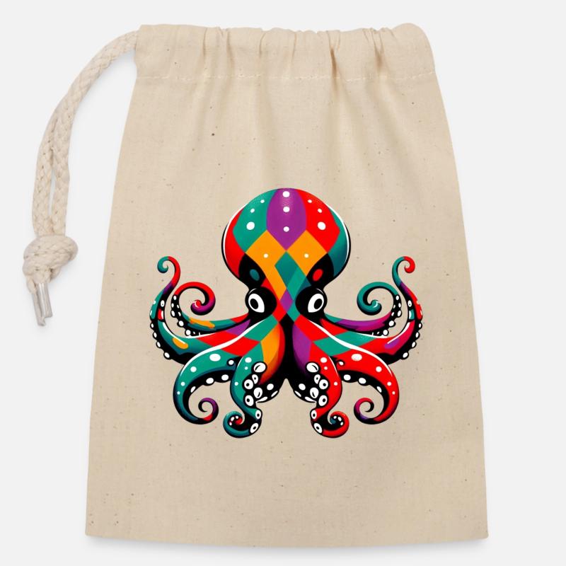 Pieuvre arlequin - Sac cadeau en coton avec cordon (14 x 20 cm) - nature