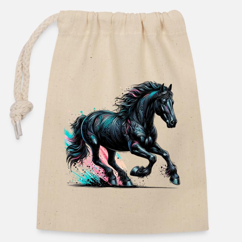 Cheval - Sac cadeau en coton avec cordon (14 x 20 cm) - nature