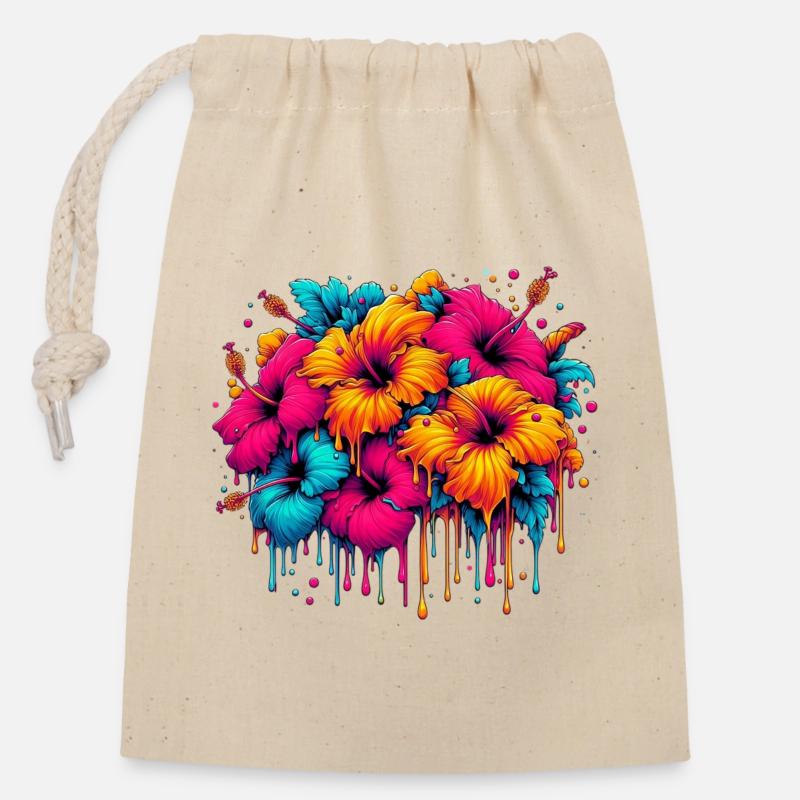 Hibiscus Flowers - Closable cotton gift bag (14x20cm) - nature