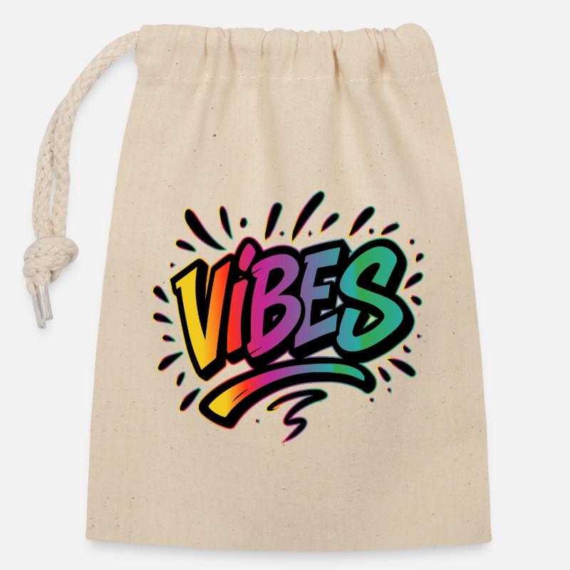 Lettrage graffiti VIBES – Déclaration colorée - Sac cadeau en coton avec cordon (14 x 20 cm) - nature