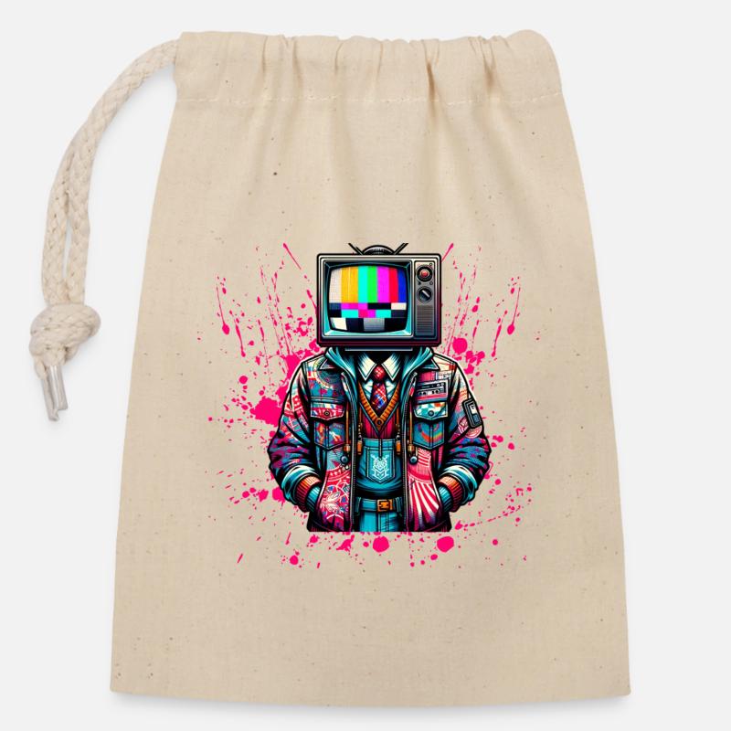 Retro Head - Closable cotton gift bag (14x20cm) - nature