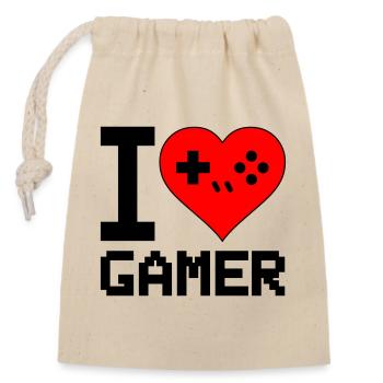 Herz mit Game-Controller Silhouette - Verschließbarer Geschenkbeutel aus Baumwolle (14x20cm) - Natur - Vorne