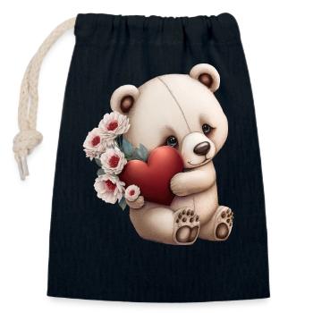 Cute bear with heart and flowers - Closable cotton gift bag (14x20cm) - navy - Front