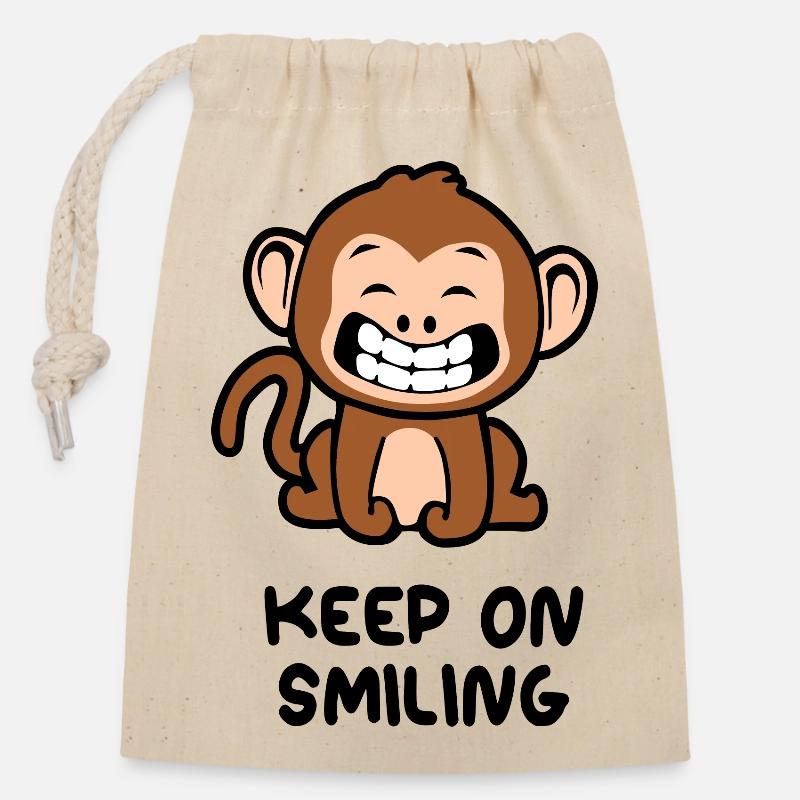 Keep on smiling singe - Sac cadeau en coton avec cordon (14 x 20 cm) - nature