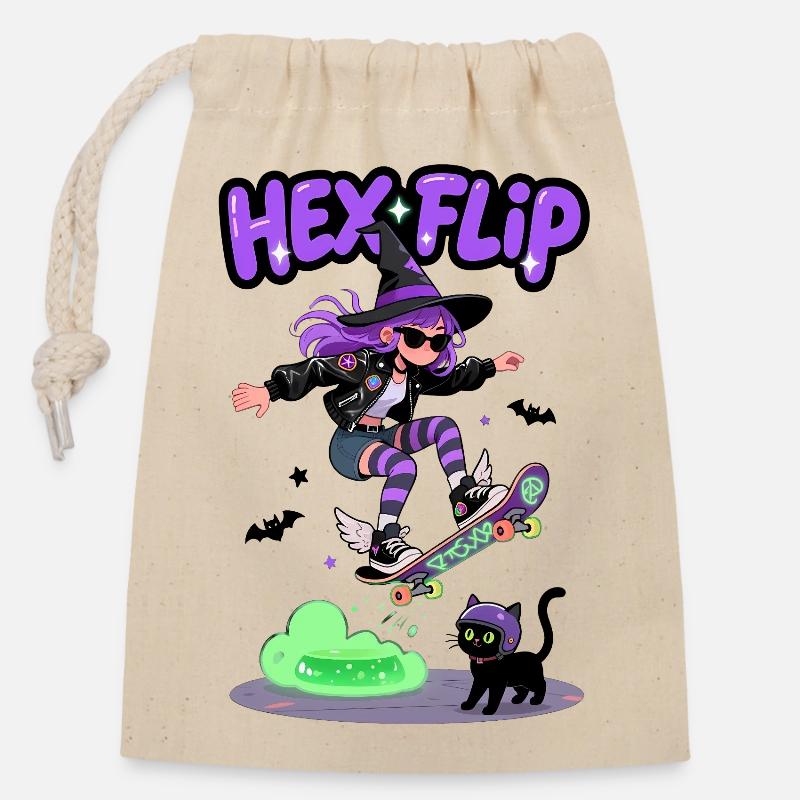Hex Flip Witch Conception de planche à roulettes - Sac cadeau en coton avec cordon (14 x 20 cm) - nature