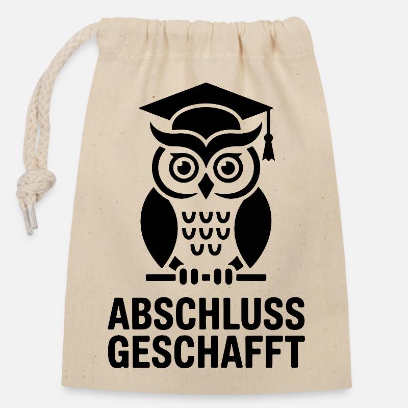 Abschluss Eule in Schwarz und weiß - Verschließbarer Geschenkbeutel aus Baumwolle (14x20cm) - Natur