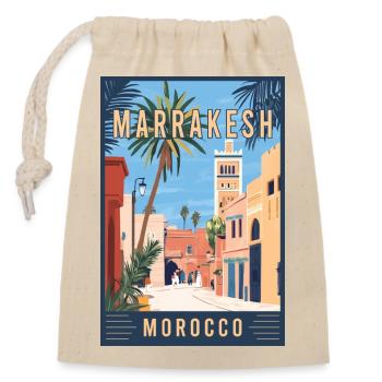 Entdecken Sie die lebendigen Souks von Marrakesch in Marokko - Verschließbarer Geschenkbeutel aus Baumwolle (14x20cm) - Natur - Vorne