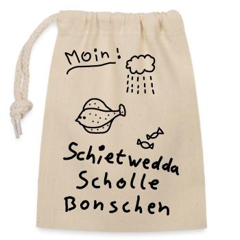 Typisch Nordisch Plattdeutsch Moin Scholle Bonsche - Verschließbarer Geschenkbeutel aus Baumwolle (14x20cm) - Natur - Vorne