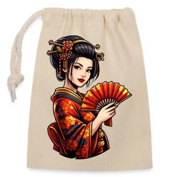 Geisha im roten Kimono mit Fächer - Verschließbarer Geschenkbeutel aus Baumwolle (14x20cm) - Natur - Vorne