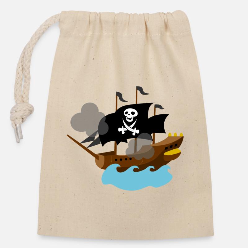 Piratenschiff im Meer - Verschließbarer Geschenkbeutel aus Baumwolle (14x20cm) - Natur