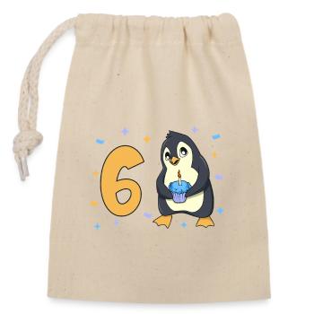Mit Pinguin - Kinder Geburtstag 6 Jahre - Verschließbarer Geschenkbeutel aus Baumwolle (14x20cm) - Natur - Vorne