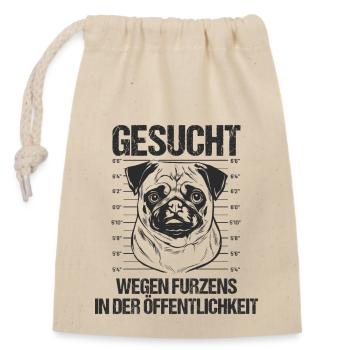 Gesucht wegen Furzens in Öffentlichkeit Mopse Mops - Verschließbarer Geschenkbeutel aus Baumwolle (14x20cm) - Natur - Vorne
