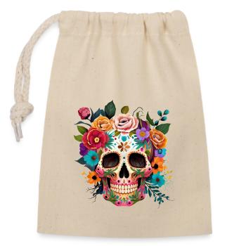Totenkopf mit Blumen - Verschließbarer Geschenkbeutel aus Baumwolle (14x20cm) - Natur - Vorne