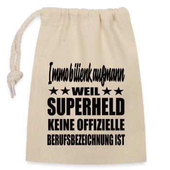 Immobilienkaufmann Superheld Spruch - Verschließbarer Geschenkbeutel aus Baumwolle (14x20cm) - Natur - Vorne