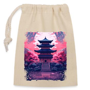 Arbre Sakura Vaporwave en fleur de cerisier dans un temple - Sac cadeau en coton avec cordon (14 x 20 cm) - nature - Devant