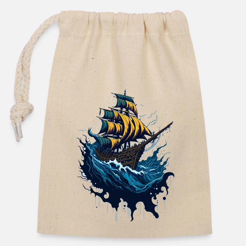 Pirate Ship in Stormy Seas - Closable cotton gift bag (14x20cm) - nature