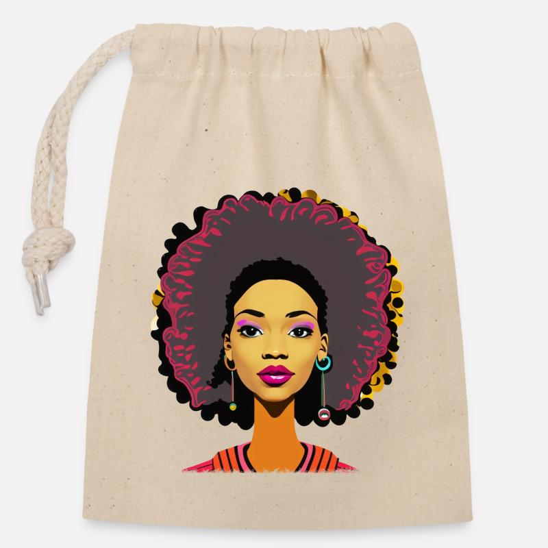 Dame à l’afro - Sac cadeau en coton avec cordon (14 x 20 cm) - nature
