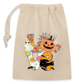 Gruseliges Retro-Halloween-Design: Love mit Kürbis - Verschließbarer Geschenkbeutel aus Baumwolle (14x20cm) - Natur - Vorne