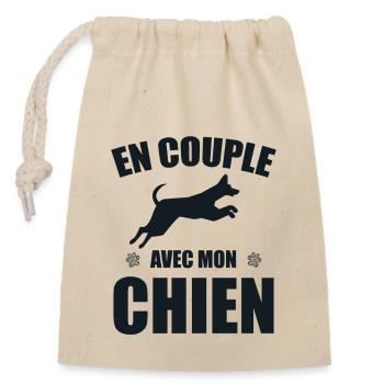 En Couple Avec Mon Chien Cadeau Humour Célibat - Sac cadeau en coton avec cordon (14 x 20 cm) - nature - Devant