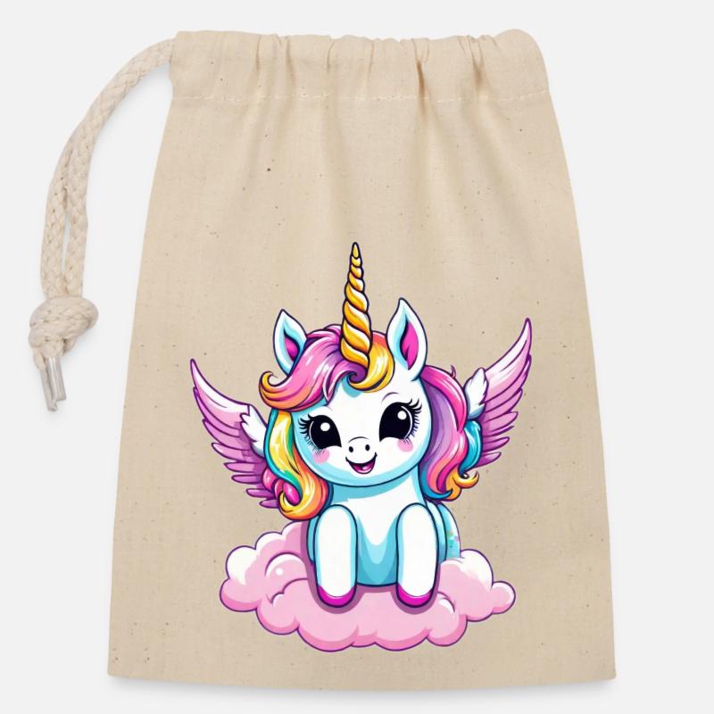 Licorne Einhorn Kawaii - Verschließbarer Geschenkbeutel aus Baumwolle (14x20cm) - Natur