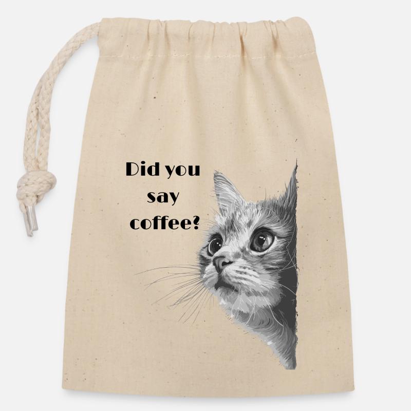 chat blanc gris demande du café - Sac cadeau en coton avec cordon (14 x 20 cm) - nature