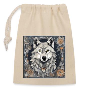 Kunstvolles herbstliches Wolfsmotiv - Verschließbarer Geschenkbeutel aus Baumwolle (14x20cm) - Natur - Vorne