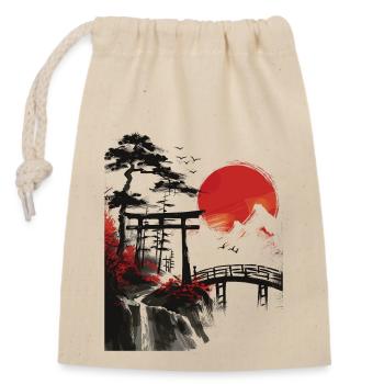 Japon Paysage Lune Rouge Arbres Oiseaux Bonsaï - Sac cadeau en coton avec cordon (14 x 20 cm) - nature - Devant