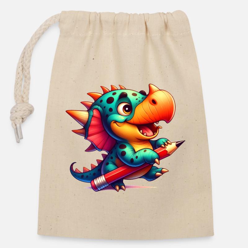 Kawaii Dino mit Bleistift Süßer Dinosaurier Kind - Verschließbarer Geschenkbeutel aus Baumwolle (14x20cm) - Natur