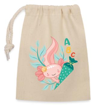 Axolotl mit Schultüte zur Einschulung - Verschließbarer Geschenkbeutel aus Baumwolle (14x20cm) - Natur - Vorne