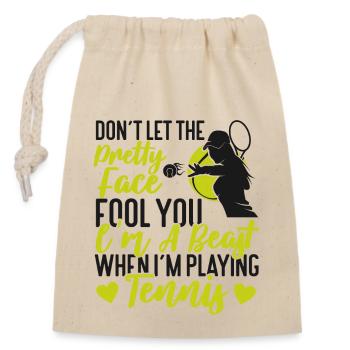 Funny Tennis Player Racket Girl - Closable cotton gift bag (14x20cm) - nature - Front