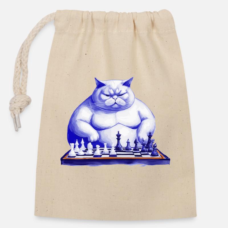 Cat playing chess - Closable cotton gift bag (14x20cm) - nature