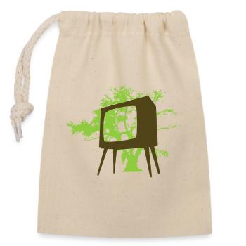Vieille télé et arbre, J’ai le monde entier - Sac cadeau en coton avec cordon (14 x 20 cm) - nature - Devant
