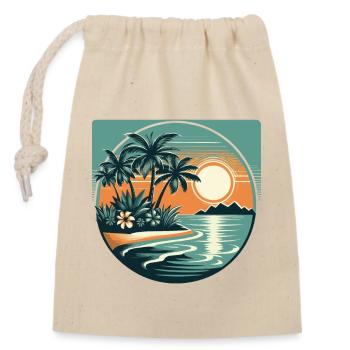 Strand, Palme, Sonnenuntergang, Urlaub - Verschließbarer Geschenkbeutel aus Baumwolle (14x20cm) - Natur - Vorne