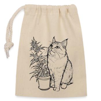 Cat with Cannabis Plant: House Tiger with Hemp - Closable cotton gift bag (14x20cm) - nature - Front