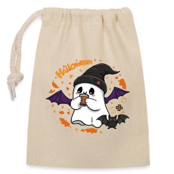 Mignon fantôme Halloween avec chapeau et café - Sac cadeau en coton avec cordon (14 x 20 cm) - nature - Devant