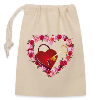 Cœur de rose avec serrure d’amour et clé en or - Sac cadeau en coton avec cordon (14 x 20 cm) - nature - Devant