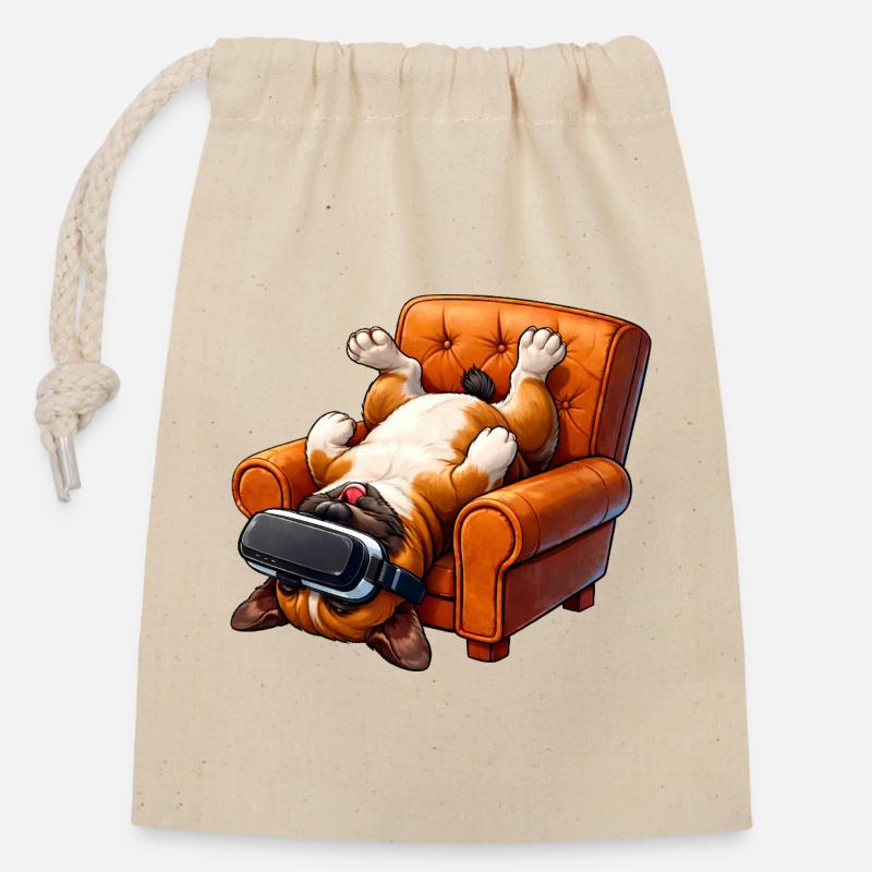 Gamer Hund mit VR Brille - Verschließbarer Geschenkbeutel aus Baumwolle (14x20cm) - Natur