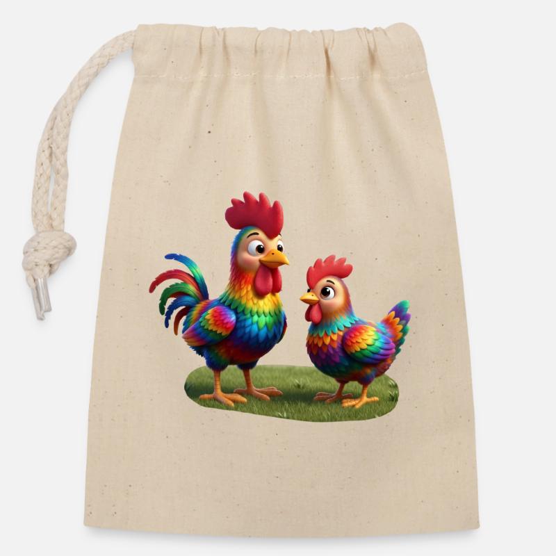Coq avec poule - Sac cadeau en coton avec cordon (14 x 20 cm) - nature