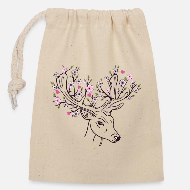 Chevreuil cerf fleur fleur floral printemps - Sac cadeau en coton avec cordon (14 x 20 cm) - nature