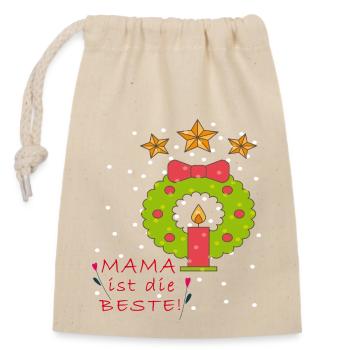 Weihnachten, Mama ist die Beste - Verschließbarer Geschenkbeutel aus Baumwolle (14x20cm) - Natur - Vorne