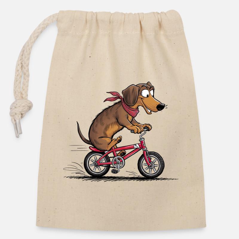 Dachshund with bicycle - Closable cotton gift bag (14x20cm) - nature