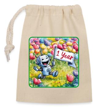 1 Jahr 1. Geburtstag Roboter auf Blumenwiese - Verschließbarer Geschenkbeutel aus Baumwolle (14x20cm) - Natur - Vorne