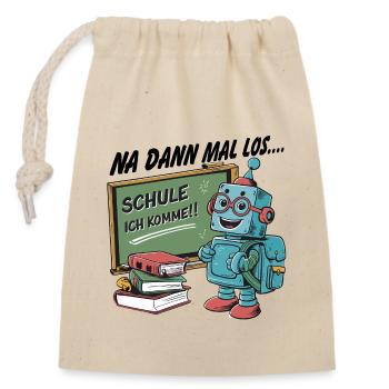 Einschulung erster Schultag kleiner Roboter - Verschließbarer Geschenkbeutel aus Baumwolle (14x20cm) - Natur - Vorne