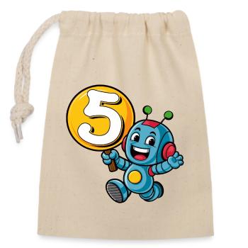 Finally 5 Years Five Fifth Birthday Robot - Closable cotton gift bag (14x20cm) - nature - Front