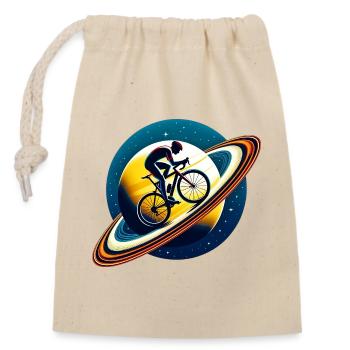 Radfahrer auf dem Saturn - Verschließbarer Geschenkbeutel aus Baumwolle (14x20cm) - Natur - Vorne