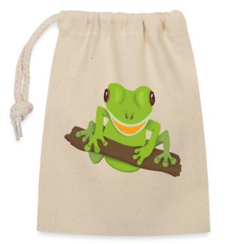 lachender Frosch - Verschließbarer Geschenkbeutel aus Baumwolle (14x20cm) - Natur - Vorne