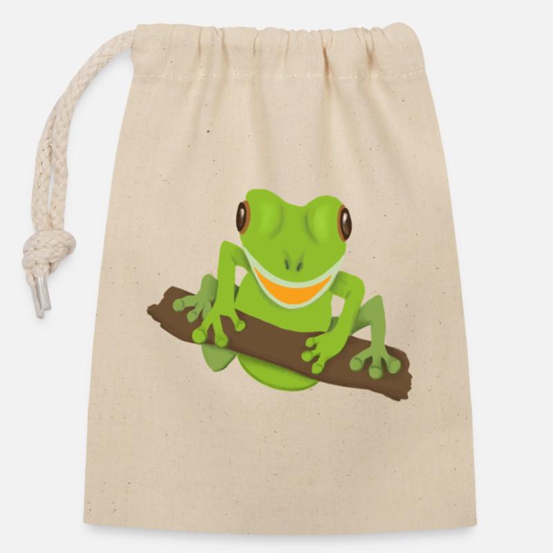 lachender Frosch - Verschließbarer Geschenkbeutel aus Baumwolle (14x20cm) - Natur